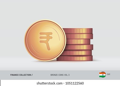 Bronze coins. Realistic Indian Rupee coin standing near of stacked coins. Finance concept for websites, web design, mobile app, infographics.