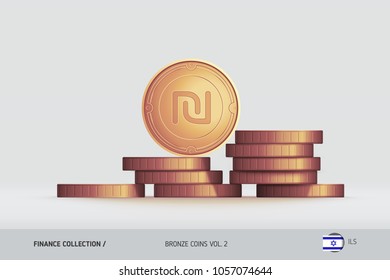 Bronze coins. Realistic Israeli New Shekel coin standing on stacked coins. Finance concept for websites, web design, mobile app, infographics.