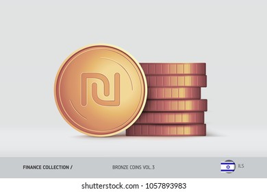 Bronze coins. Realistic Israeli New Shekel coin standing near of stacked coins. Finance concept for websites, web design, mobile app, infographics.