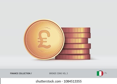 Bronze coins. Realistic Italian Lira coin standing near of stacked coins. Finance concept for websites, web design, mobile app, infographics.