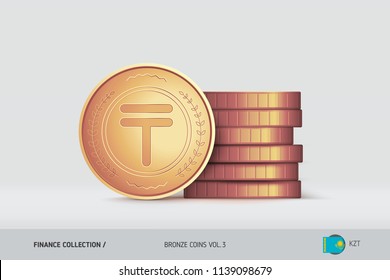 Bronze coins. Realistic Kazakhstani Tenge coin standing near of stacked coins. Finance concept for websites, web design, mobile app, infographics.