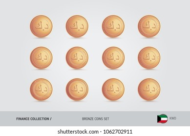 Bronze coins. Realistic bronze Kuwaiti Dinar coins set. Isolated objects on background. Finance concept for websites, web design, mobile app, infographics.