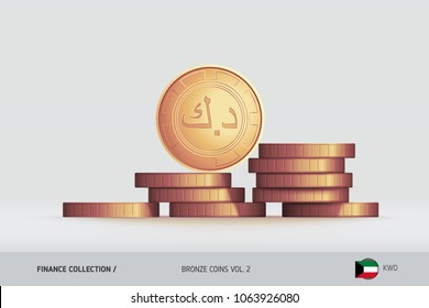 Bronze coins. Realistic Kuwaiti Dinar coin standing on stacked coins. Finance concept for websites, web design, mobile app, infographics.