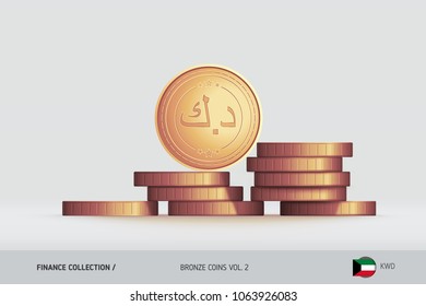 Bronze coins. Realistic Kuwaiti Dinar coin standing on stacked coins. Finance concept for websites, web design, mobile app, infographics.