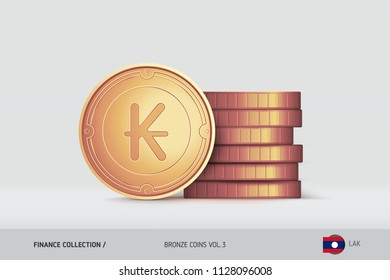 Bronze coins. Realistic Lao Kip coin standing near of stacked coins. Finance concept for websites, web design, mobile app, infographics.