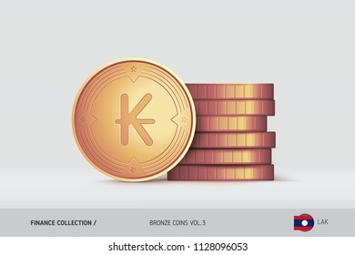 Bronze coins. Realistic Lao Kip coin standing near of stacked coins. Finance concept for websites, web design, mobile app, infographics.