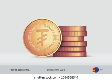 Bronze coins. Realistic Mongolian Tugrik coin standing near of stacked coins. Finance concept for websites, web design, mobile app, infographics.