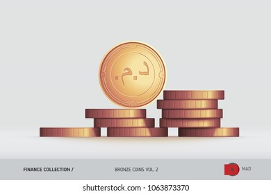 Bronze coins. Realistic Moroccan Dirham coin standing on stacked coins. Finance concept for websites, web design, mobile app, infographics.