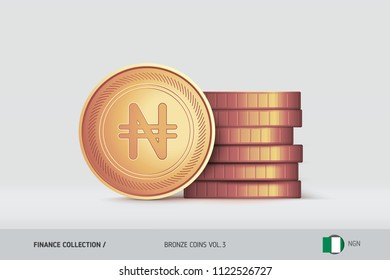 Bronze coins. Realistic Nigerian Naira coin standing near of stacked coins. Finance concept for websites, web design, mobile app, infographics.