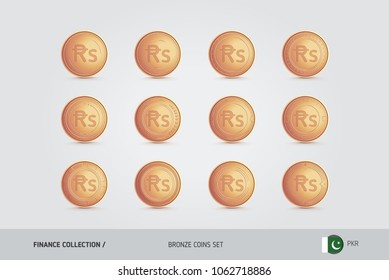 Bronze coins. Realistic bronze Pakistani Rupee coins set. Isolated objects on background. Finance concept for websites, web design, mobile app, infographics.