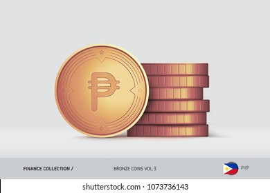 Bronze coins. Realistic Philippine Peso coin standing near of stacked coins. Finance concept for websites, web design, mobile app, infographics.