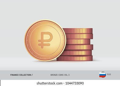 Bronze coins. Realistic Russian Ruble coin standing near of stacked coins. Finance concept for websites, web design, mobile app, infographics.