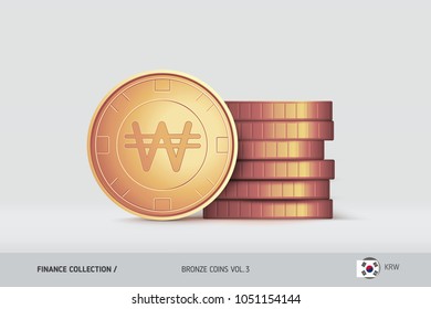 Bronze coins. Realistic South Korean Won coin standing near of stacked coins. Finance concept for websites, web design, mobile app, infographics.