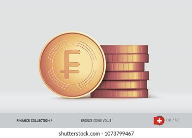 Bronze coins. Realistic Swiss Franc coin standing near of stacked coins. Finance concept for websites, web design, mobile app, infographics.