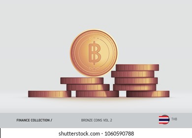Bronze coins. Realistic Thai Baht coin standing on stacked coins. Finance concept for websites, web design, mobile app, infographics.