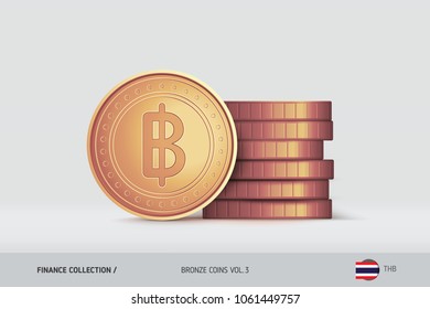 Bronze coins. Realistic Thai Baht coin standing near of stacked coins. Finance concept for websites, web design, mobile app, infographics.