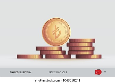 Bronze coins. Realistic Turkish Lira coin standing on stacked coins. Finance concept for websites, web design, mobile app, infographics.