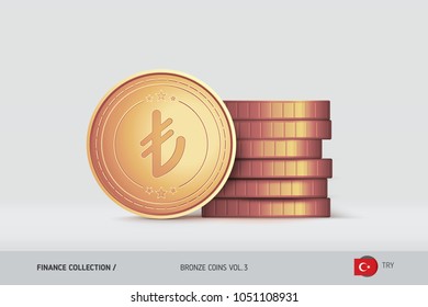 Bronze coins. Realistic Turkish Lira coin standing near of stacked coins. Finance concept for websites, web design, mobile app, infographics.