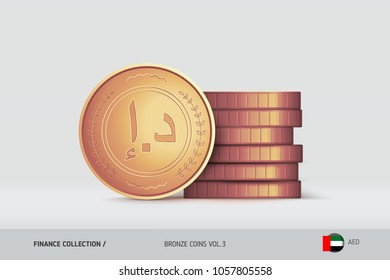 Bronze coins. Realistic United Arab Emirates Dirham coin standing near of stacked coins. Finance concept for websites, web design, mobile app, infographics.