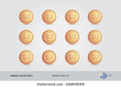 Bronze coins. Realistic bronze Uruguayan Peso coins set. Isolated objects on background. Finance concept for websites, web design, mobile app, infographics.