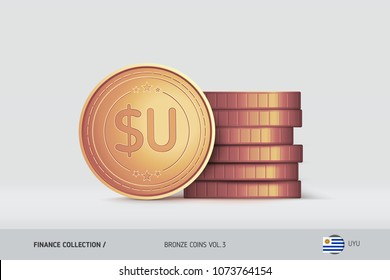 Bronze coins. Realistic Uruguayan Peso coin standing near of stacked coins. Finance concept for websites, web design, mobile app, infographics.