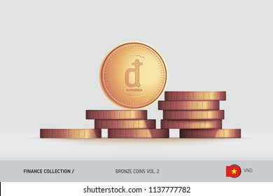 Bronze coins. Realistic Vietnamese Dong coin standing on stacked coins. Finance concept for websites, web design, mobile app, infographics.