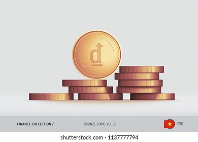 Bronze coins. Realistic Vietnamese Dong coin standing on stacked coins. Finance concept for websites, web design, mobile app, infographics.