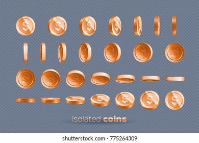 Bronze coins set isolated background in different positions. Illustration, vector