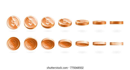 Bronze coins set isolated on white in different positions