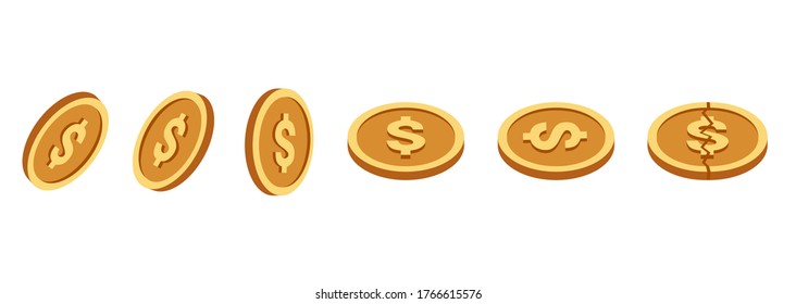 Monedas de bronce puestas. Monedas isométricas de bronce en dólares. Aislado sobre fondo blanco.