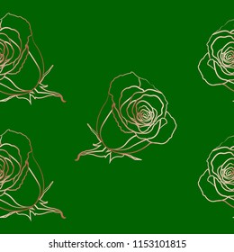 Bronze contour of roses on green background. Seamless Pattern. Vector Illustration EPS 10.