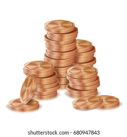 Bronze, Copper Coins Stacks Vector. Silver Finance Icons, Sign, Success Banking Cash Symbol. Investment Concept. Realistic Currency Isolated Illustration