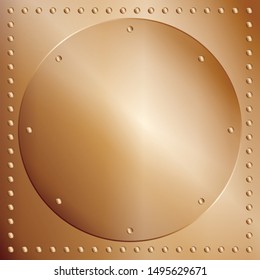 A bronze or copper plate background with a rivet border and circle of metal within