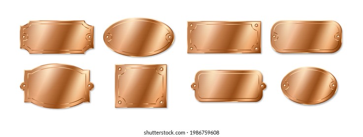 Bronze or copper plates, empty name plaques. Business identification tags or badges for office door, set of frame for nameplate isolated on white background. Realistic 3d vector illustration