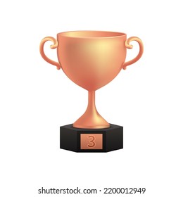 Bronze cup 3d winner award 3d place minimal, bronze winners stars on podium. Champion award ceremony concept in cartoon style. 3d trophy vector render isolated on white background. Game or education.