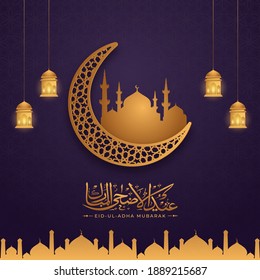 Bronze Eid-Ul-Adha Mubarak Calligraphy with Arabesque Moon, Mosque and Hanging illuminated Lanterns Decorated on Purple Background.