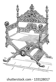 Bronze Faldstool, during the 12th century, vintage engraved illustration. Industrial Encyclopedia - E.O. Lami - 1875