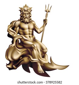 The bronze figure of Neptune on a white background / Tinting paints - on a separate layer, color and blending mode can be changed