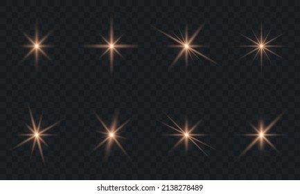 Estrella de la bengala del bronce sobre fondo transparente. Efecto Brillante De Luz De Oro. Espuma brillante de bokeh. Brote de bronce Iluminado. Gleam Glitter Festive Set. Ilustración de vectores aislados.