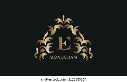 Bronze floral logo for letter E on a dark background. Business sign, identity monogram for restaurant, boutique, hotel, heraldic, jewelry.