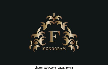 Bronze floral logo for letter F on a dark background. Business sign, identity monogram for restaurant, boutique, hotel, heraldic, jewelry.