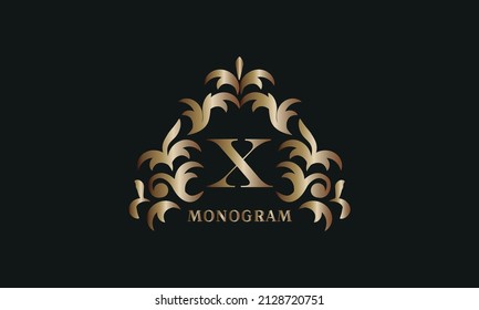 Bronze floral logo for letter X on a dark background. Business sign, identity monogram for restaurant, boutique, hotel, heraldic, jewelry.