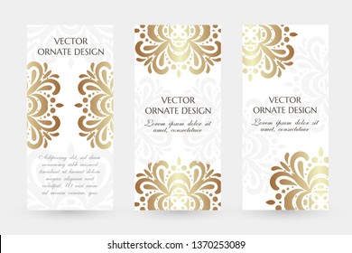 Bronze floral motif. Graceful vertical flayers with decoration elements on the white background. Vector illustration for event invitation, ceremony card or celebration banner.