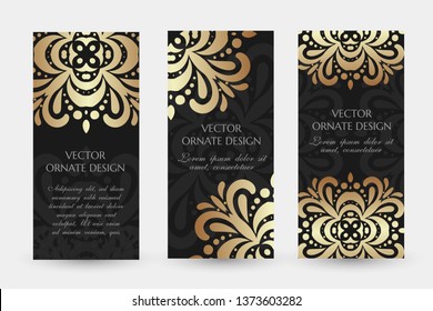Bronze floral motif. Luxury vertical flayers with decorative elements on the black background. Vector illustration for event invitation, ceremony card or celebration banner.