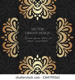 Bronze floral motif. Square card with decoration elements  on the black background. Vector illustration for event invitation, ceremony card or celebration banner.