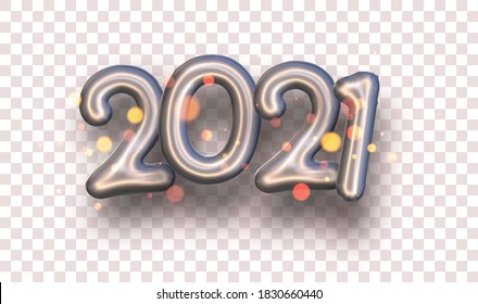 Bronze foil balloon 2021 sign with shadow and shiny lights on transparent background. Vector holiday illustration.