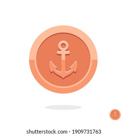 Bronze game coin. Coin icon. Bronze medal. Coin with the anchor. Graphic user interface design element. Bronze anchor. Quality mark. Anchorage sign. Yacht Club. Sea port. Game purchases. Game currency