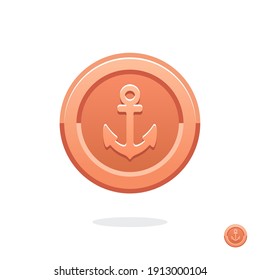 Bronze game coin. Coin icon. Bronze medal. Coin with the anchor. Graphic user interface design element. Bronze anchor. Quality mark. Anchorage sign. Yacht Club. Sea port. Game purchases. Game currency