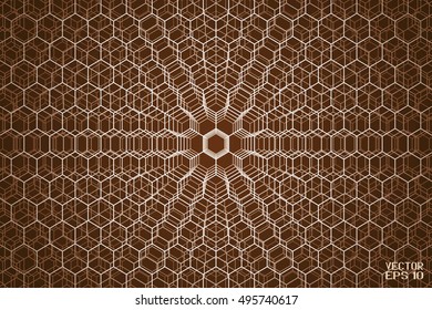 Bronze Geometric Cellular Pattern. Abstract Monochrome Grid with Hexagon. Graphic Style for Print. Vector. 3d Illustration