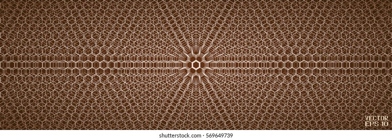 Bronze Geometric Cellular Pattern. Abstract Monochrome Grid with Hexagon. Graphic Style for Print. Vector. 3D Illustration